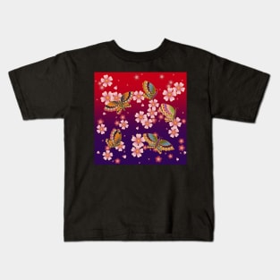 Japanese Butterflies Amid Sakura Blossoms (Red & Purple) Kids T-Shirt